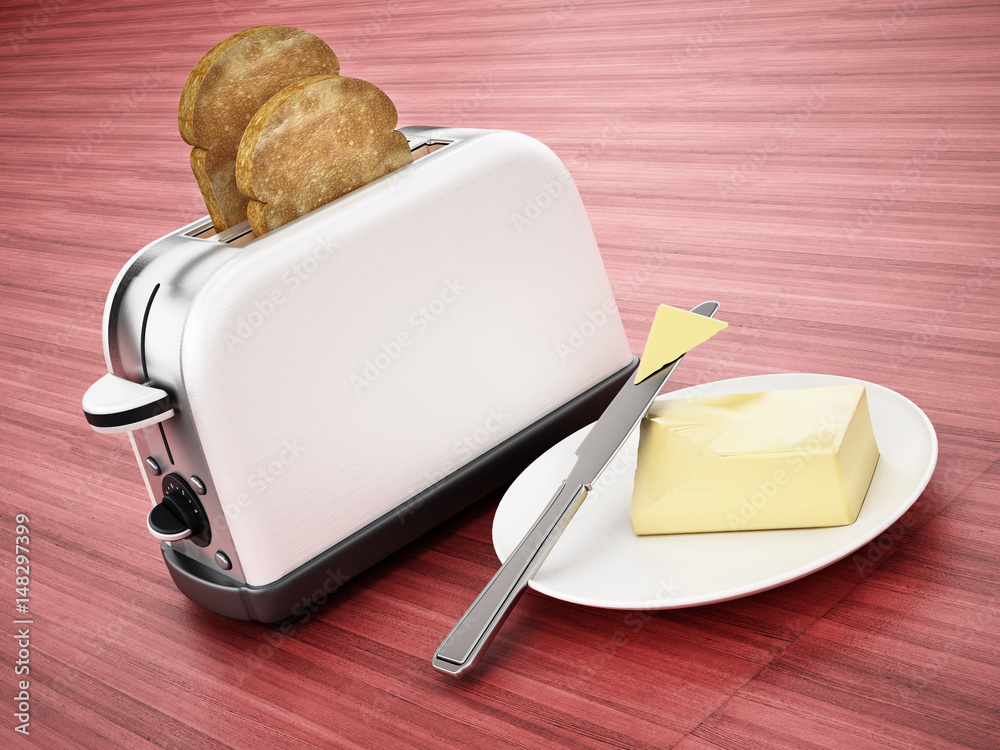 Butter and knife beside toaster and grilled bread. 3D illustration  Stock-Illustration | Adobe Stock