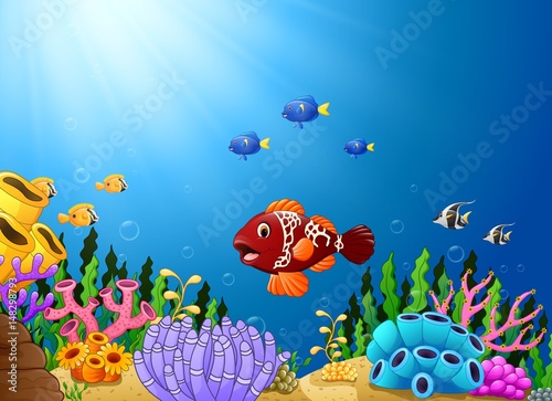 Fototapeta Naklejka Na Ścianę i Meble -  Cartoon tropical fish with beautiful underwater world