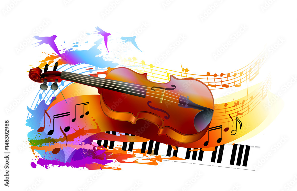 Colorful music background with violin, piano, musical notes and birds Stock  Vector | Adobe Stock