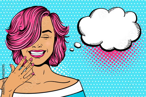 Wow pop art female face. Sexy young woman with pink curly hairstyle and closed eyes laughing. Vector bright illustration in pop art retro comic style. Party invitation poster.