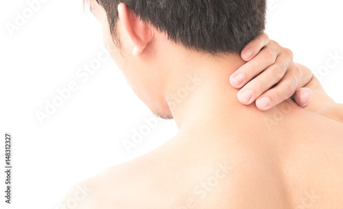 Closeup man hand holding neck or shoulder with pain on white background