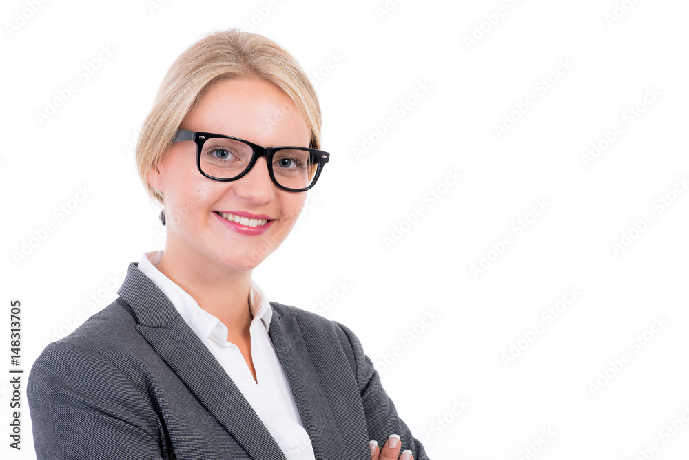 blonde lächelnde businessfrau mit brille