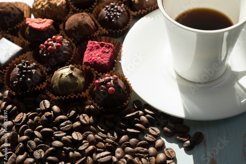 A cup of coffee and chocolate sweets