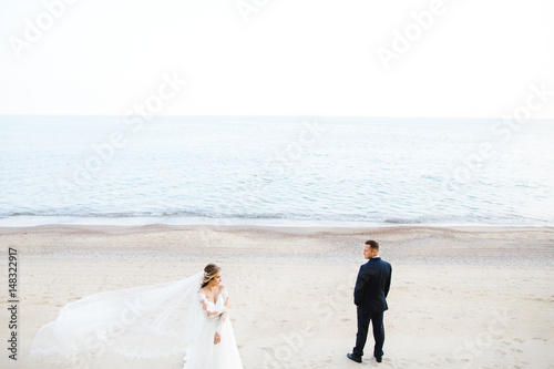 The charming bride and groom standing near sea