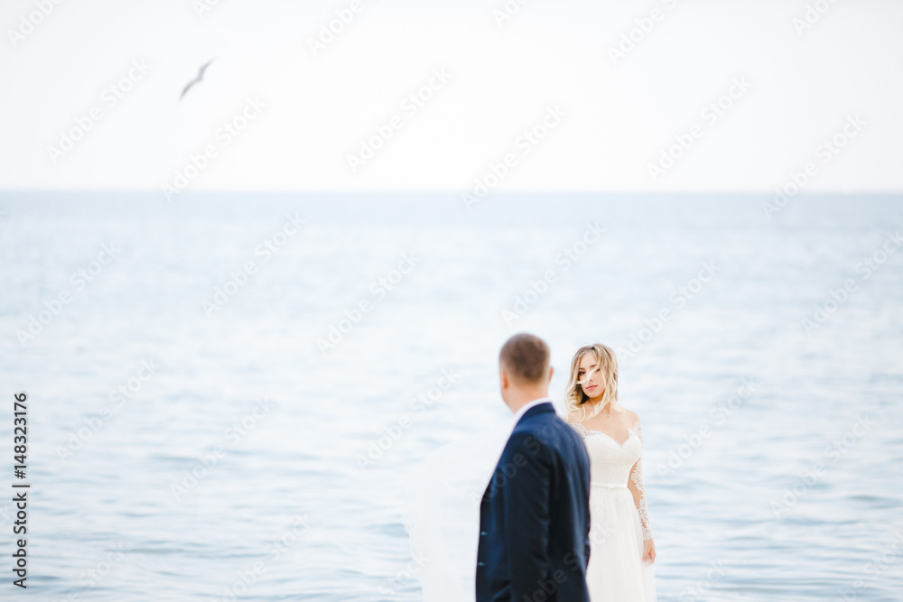 The groom looking at his bride near sea The groom looking at his bride near sea