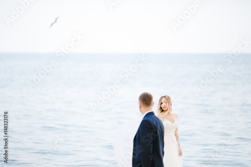 The groom looking at his bride near sea