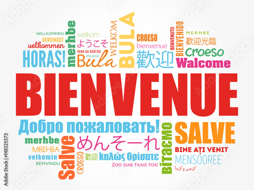 Bienvenue (Welcome in French) word cloud in different languages, conceptual background