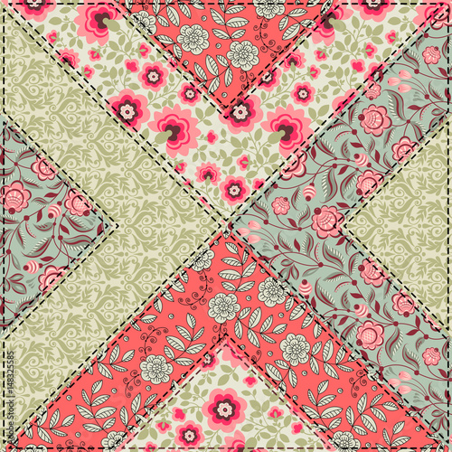 Seamless pattern in vintage style. Patchwork decorative ornament with floral elements