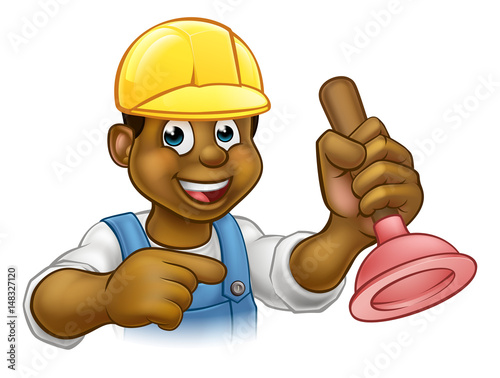  Handyman Plumber Holding Punger Cartoon Character