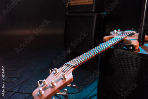Close-up view of electric guitar for hard rock concert on stage