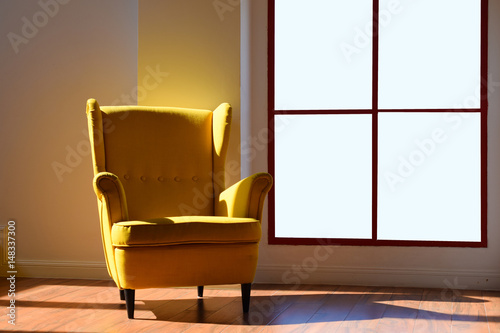 Interior and Isolated yellow sofa in room. photo