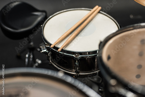 Close-up view of drums set for hard rock concert on stage