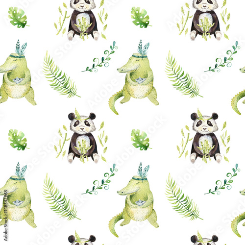 Baby animals nursery isolated seamless pattern. Watercolor boho tropical drawing  child tropical drawing cute crocodile and panda  tropic green