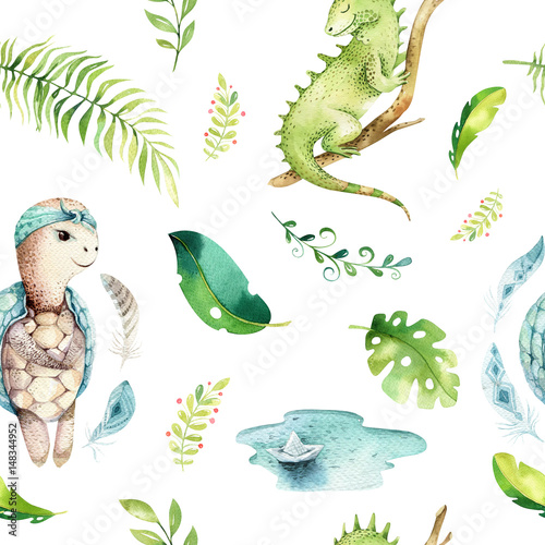 Baby animals nursery isolated seamless pattern. Watercolor boho tropical fabric drawing  child tropical drawing cute iguana  turtle and palm tree  alligator tropic green texture