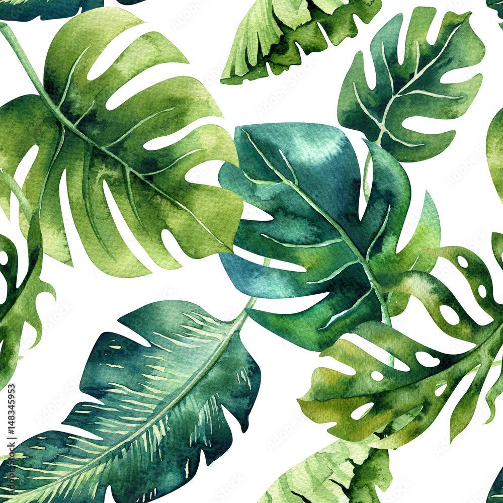 Seamless watercolor pattern of tropical leaves, dense jungle. Ha