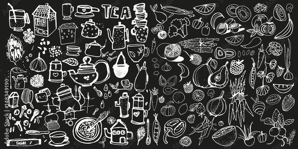 Hand drawn food elements. Set for menu decoration. Hand drawn food elements. Set for menu decoration.