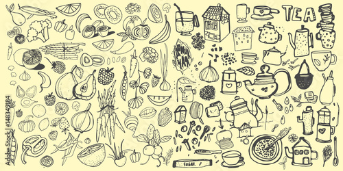 Hand drawn food elements. Set for menu decoration. 