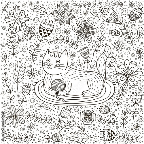 Cute cat with a ball of yarn and doodle flowers