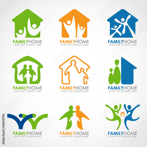 Family home logo with abstract human and home concept vector set design