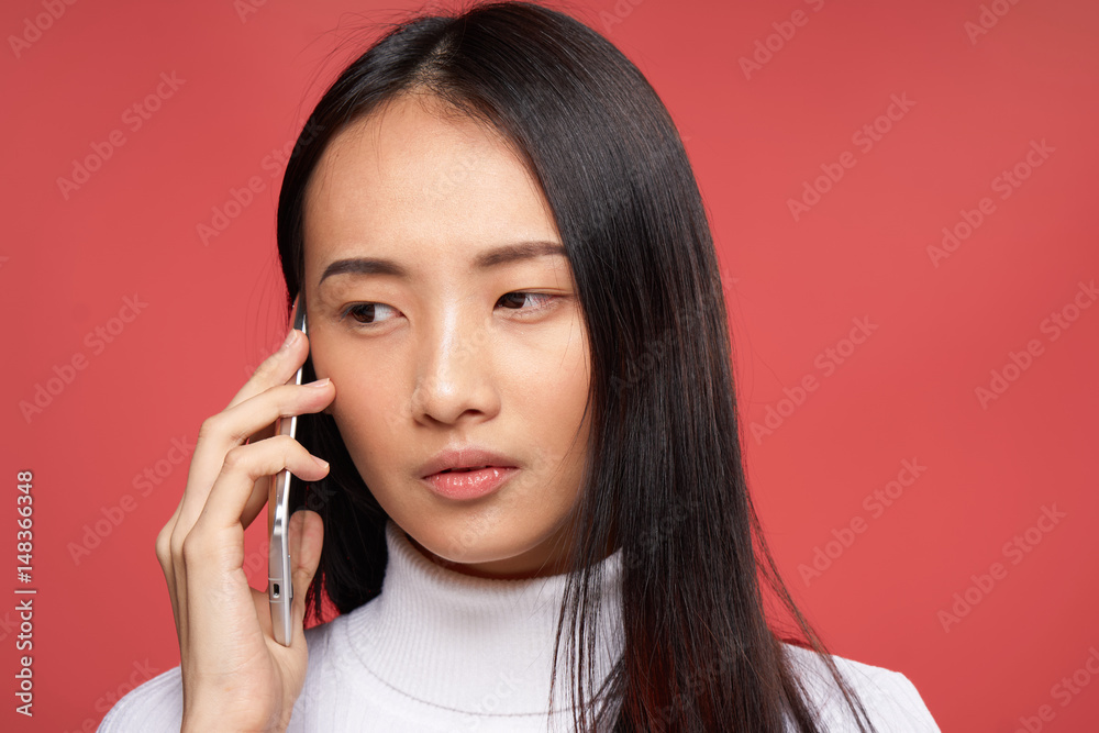 beautiful woman looking in touch phone, new technology beautiful woman looking in touch phone, new technology