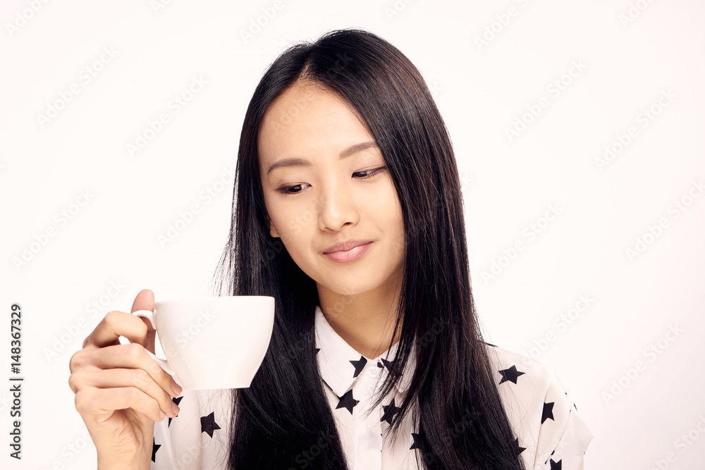 beautiful woman with a cup, emotions hot drink beautiful woman with a cup, emotions hot drink