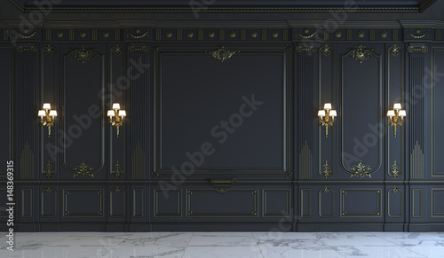 Black wall panels in classical style with gilding. 3d rendering