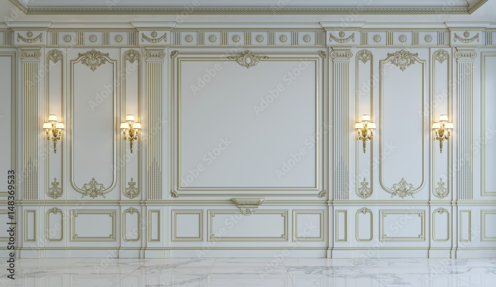 White wall panels in classical style with gilding. 3d rendering White wall panels in classical style with gilding. 3d rendering