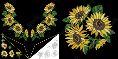 Fototapeta Naklejka Na Ścianę i Meble -  Embroidery neckline design. Collection of floral elements for dresses, collar t-shirts and blouses. Coloring outline drawing of sunflowers.