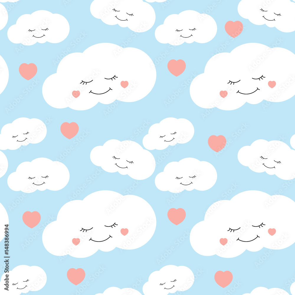 Cute baby cloud pattern vector seamless. Kids print with eyelash clouds