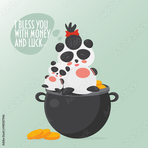 Fototapeta Naklejka Na Ścianę i Meble -  Vector illustration of a money blessing panda sitting on a pot full of gold coins.