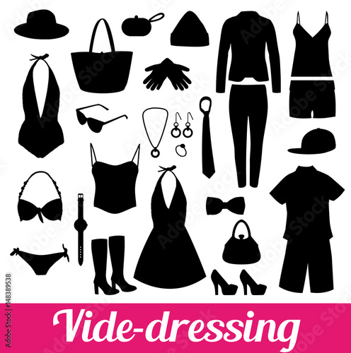Vide-dressing. Illustration avec silhouettes de vêtements et bandeau rose.