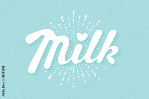 Lettering Milk and milk drop splash, hand written design for label, brand, badge. Graphic design logo for farm dairy shop, branding and advertising. Vector Illustration