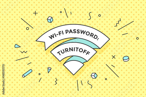 Vintage ribbon Wi-Fi sign for free wi-fi in cafe or restaurant, menu and design. Icon Wi-Fi in line style on colorful memphis style background. Design element for internet theme. Vector Illustration