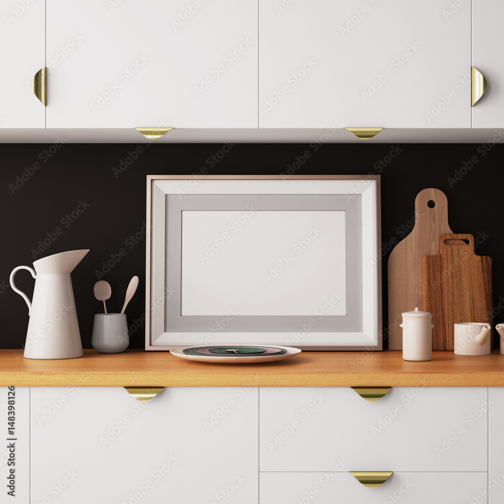 Obraz premium Mock up poster in a frame in the kitchen in a hipster style. 3d rendering.