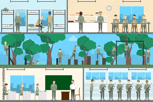 Army interior set. Soldiers with officers on military base with weapons. Stydy and training.
