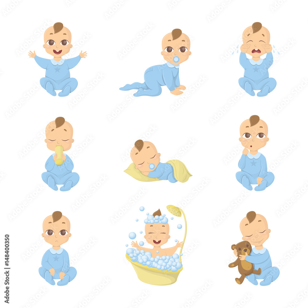 Baby emoji set. Funny cute cartoon character on white background. Boy in blue. Baby emoji set. Funny cute cartoon character on white background. Boy in blue.