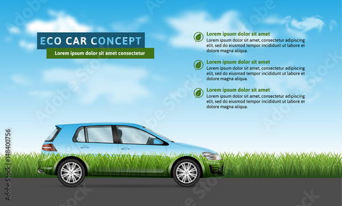 Eco car concept. Hatchback profile view on the grass and sky background.