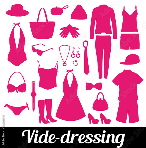 Vide-dressing. Illustration avec silhouettes de vêtements roses et bandeau noir.