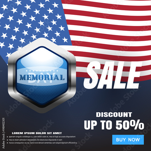 Memorial Day Sale vector poster with blue metal label, american flag, blue button, contacts, shadow and terms on the dark blue gradient background.