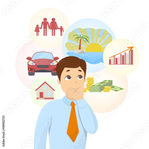 Isolated dreaming businessman with dream bubbles with family, money, car and more.