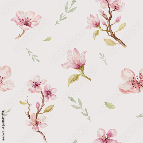 Watercolor seamless wallpaper with blossom cherry flowers, branc