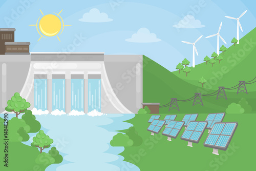 Sustainable energy illustration. Solar and wind and hydro power.