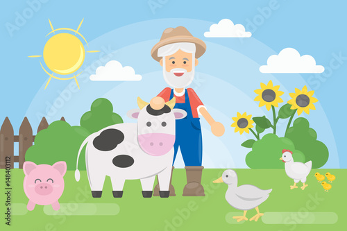Farmer with animals. Old man with farm animals as cow, pig and more.