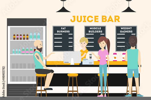 Fitness bar interior. Fresh juice bar. Food and drinks for bodybuilders.