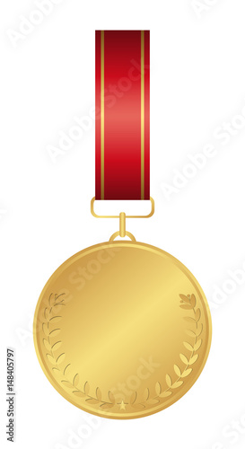 Isolated golden medal on white background. Award with ribbon.