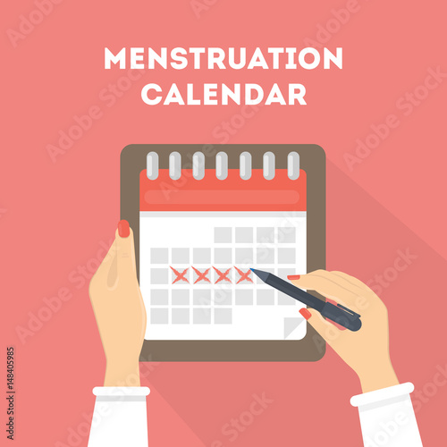 Menstruation calendar illustration. Red signs of menstrual cycle.