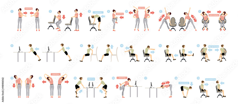 Sport exercises for office. Office yoga for tired employees with chair and table.