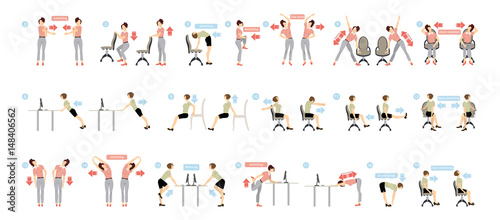 Sport exercises for office. Office yoga for tired employees with chair and table.