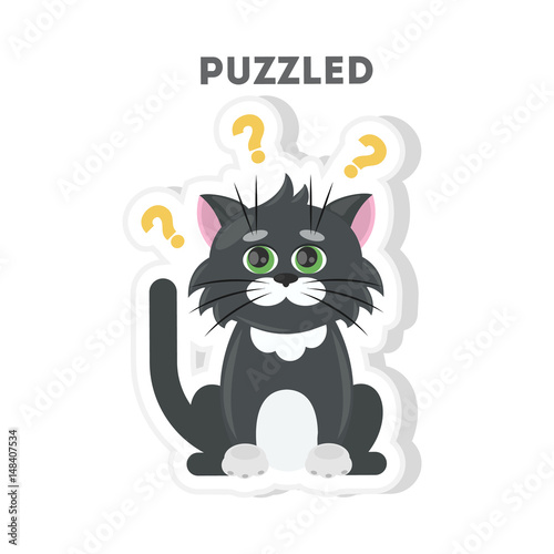 Puzzled cat sticker. Isolated cartoon sticker. Funny cat with question marks.