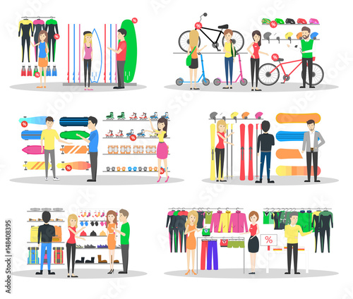 Sport store interior. Salespeople with visitors. Buying sports clothes on white background.
